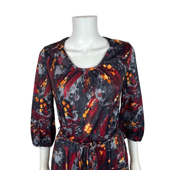 Vintage 70s Artsy Dress Womens Large Red Gray Abstract Print Braided Belt Fit An - Picture 4 of 11